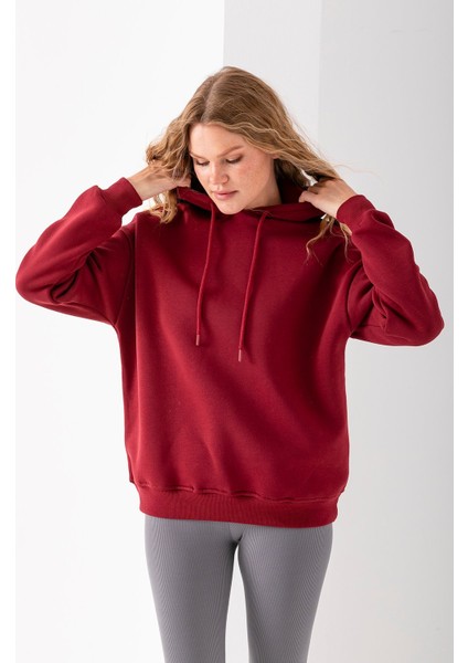 Kadın Kapüşonlu Basic 3ip Sweatshirt Bordo - 2604 modelleri