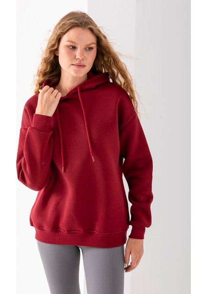 Kadın Kapüşonlu Basic 3ip Sweatshirt Bordo - 2604 indirimleri