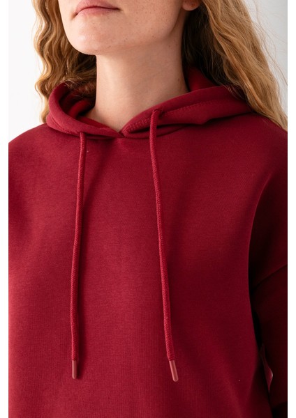 Kadın Kapüşonlu Basic 3ip Sweatshirt Bordo - 2604