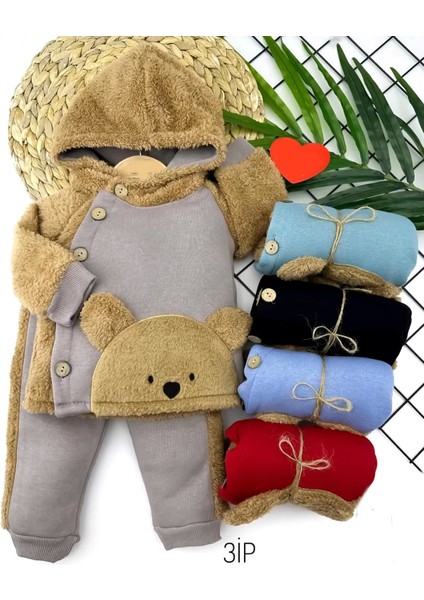 Düğme Kapamalı Kapşonlu Ceket Welsoft Detaylı 2li Erkek Bebek Takımı Bej