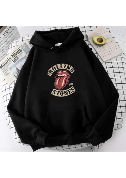 Rolling Stones Baskılı Siyah Unisex Oversize Kapüşonlu Sweatshirt fiyatları