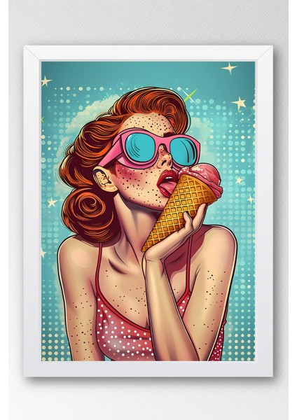 Dondurma Yiyen Kadın Çerçeveli Tablo - Pop Art Poster Tablo