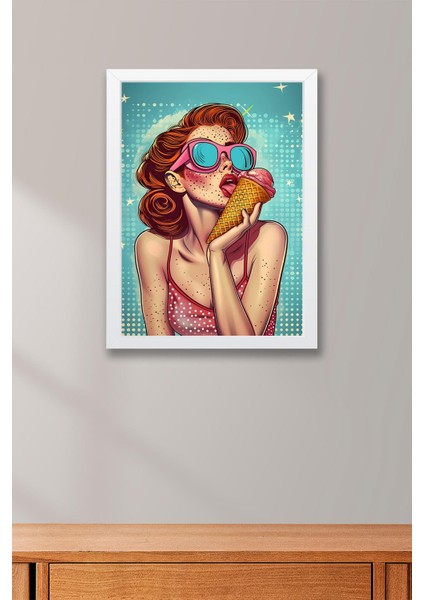 Dondurma Yiyen Kadın Çerçeveli Tablo - Pop Art Poster Tablo fiyatları