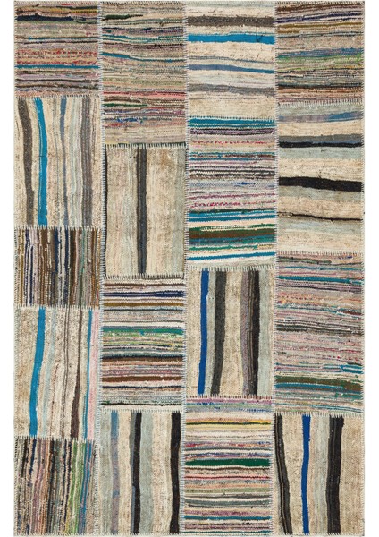 Girit Bej Çizgili Yün Modern Desenli Yün Hav Toz Vermez Leke Tutmayan Salon Yolluk Mutfak El Dokuma Halı