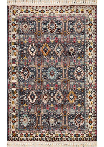 Mavi Çerçeveli Etnik Modern Desenli Poliproplen Hav Vermeyen Leke Tutmayan Kolay Temizlenen Yumuşak Makine Salon Yolluk Mutfak Halı