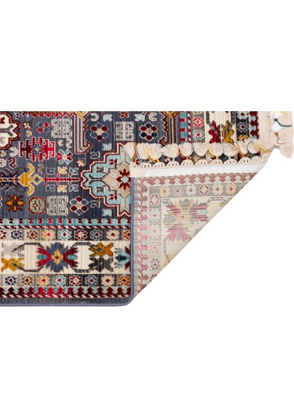 Mavi Çerçeveli Etnik Modern Desenli Poliproplen Hav Vermeyen Leke Tutmayan Kolay Temizlenen Yumuşak Makine Salon Yolluk Mutfak Halı fırsatları