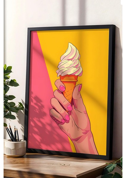 Dondurma Tutan El Yumuşak Dondurma Külah Çerçeveli Tablo - Pop Art Poster Tablo