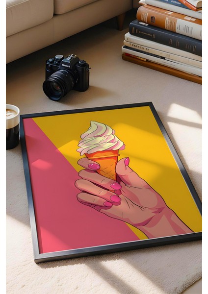 Dondurma Tutan El Yumuşak Dondurma Külah Çerçeveli Tablo - Pop Art Poster Tablo fiyatları