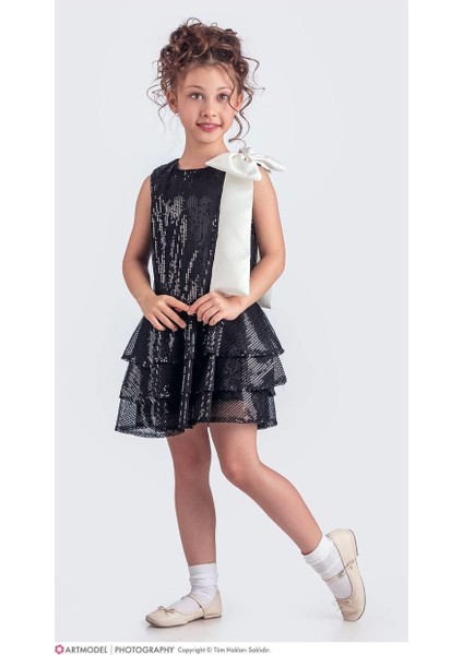 Pullu Fiyonk Detaylı Kız Çocuk Elbise Abiye