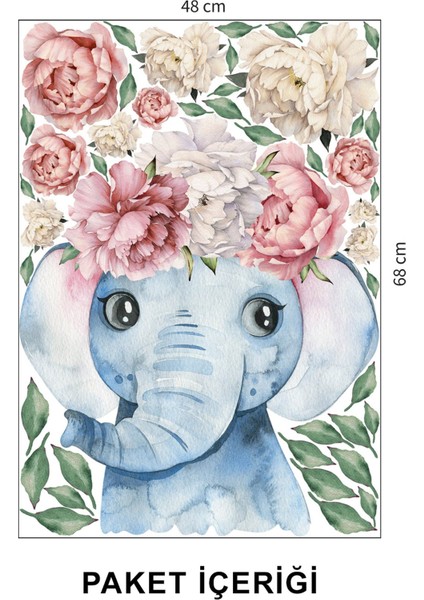 Çiçek Taçlı Fil ve Çiçekler Çocuk Odası Duvar Sticker 50 x 70 cm fiyatları