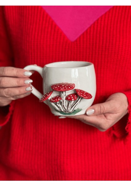 El Yapımı Büyük Boy 400ML Amanita Muscaria Mantar Kabartmalı Kupa