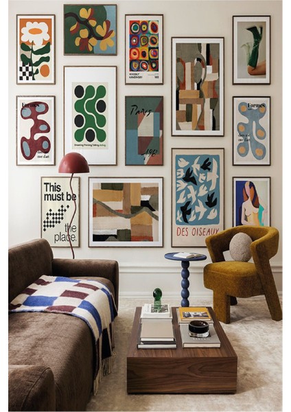 13 Parça Renkli Geometrik Modern Sanat Tablo Seti, Siyah Çerçeve Görünümü