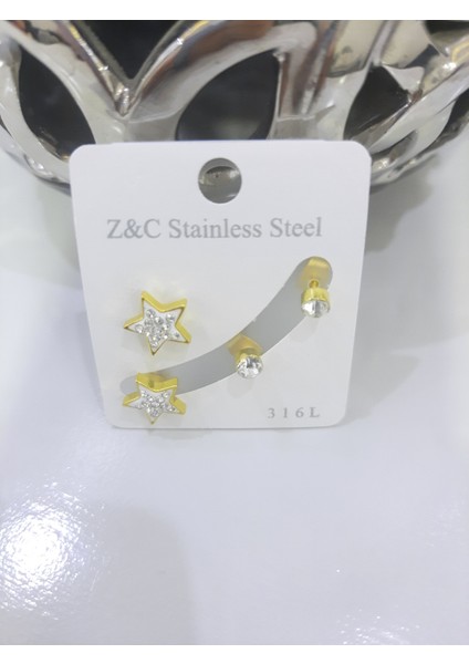 Çelik Küpe 2'li Taşlı Yıldız Tek Taşlı Model Altın Sarısı Gold