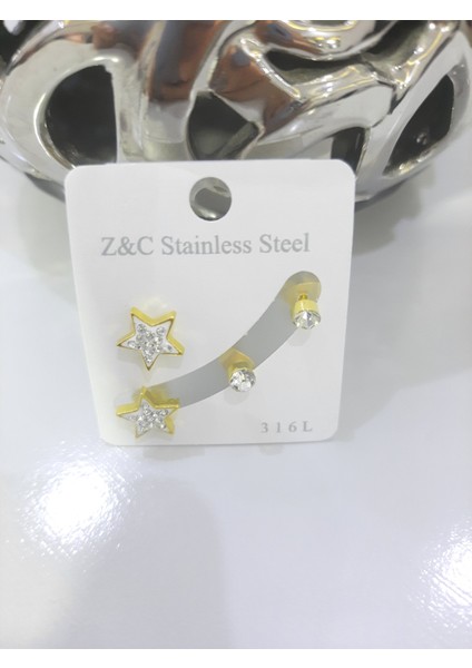 Çelik Küpe 2'li Taşlı Yıldız Tek Taşlı Model Altın Sarısı Gold modelleri