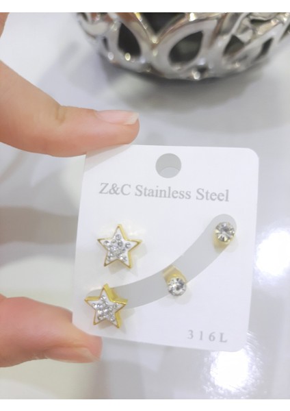 Çelik Küpe 2'li Taşlı Yıldız Tek Taşlı Model Altın Sarısı Gold fırsatları