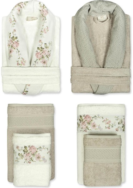 6 Parça Siena Bambu Yaka Baskılı Bornoz Seti - Ekru-Kahve