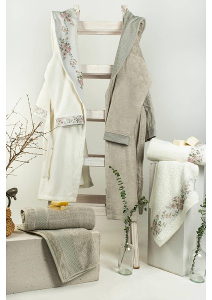 6 Parça Siena Bambu Yaka Baskılı Bornoz Seti - Ekru-Kahve fiyatları