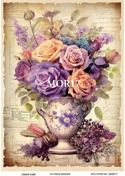 Mor Serisi MOR17 Mor, Çiçek Desenli 30*42 cm Pirinç Dekopaj