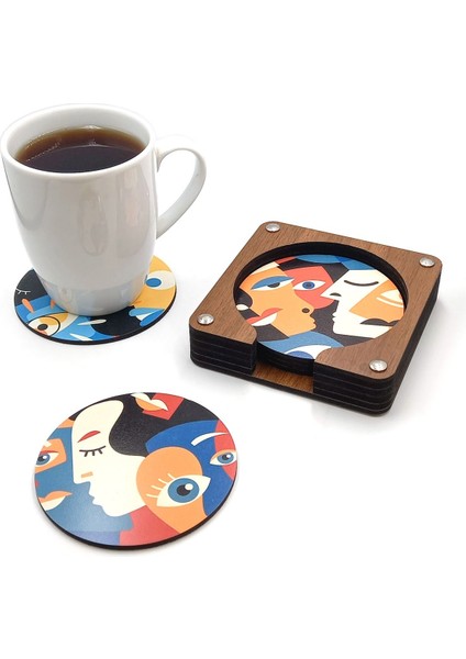 Modern Silüet Yüzler Baskılı Ahşap Bardak Altlığı 6'lı Takım, Ofis Aksesuarı, Masa Aksesuarı, Çay Kahve Içecek Altlığı, Masa Üzeri Koruyucu Altlık