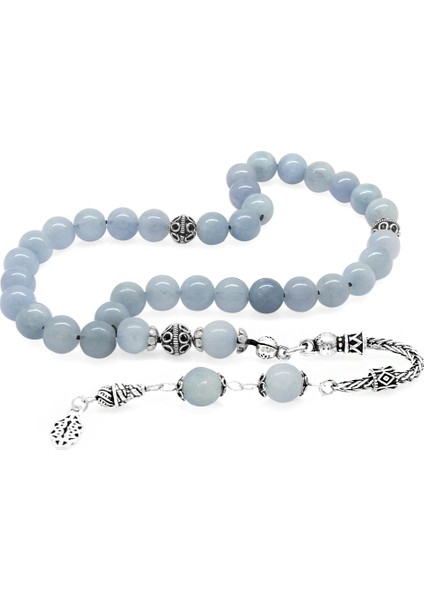 925 Ayar Gümüş Püsküllü Küre Kesim Aquamarin Doğaltaş Tesbih