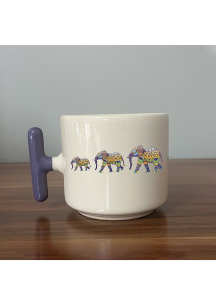 3'lü Fil Baskılı Mor Kulplu T Kupa