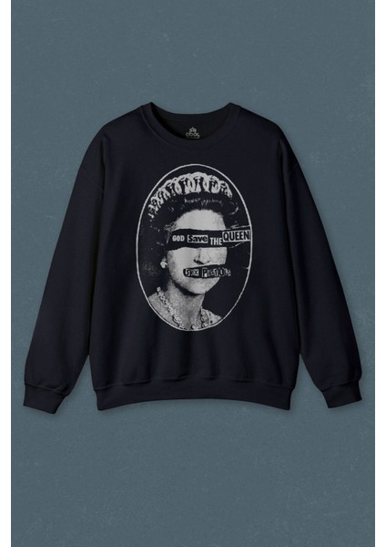 lacivert sweatshirt god save the queen pistols elizabeth baskılı unisex sweat