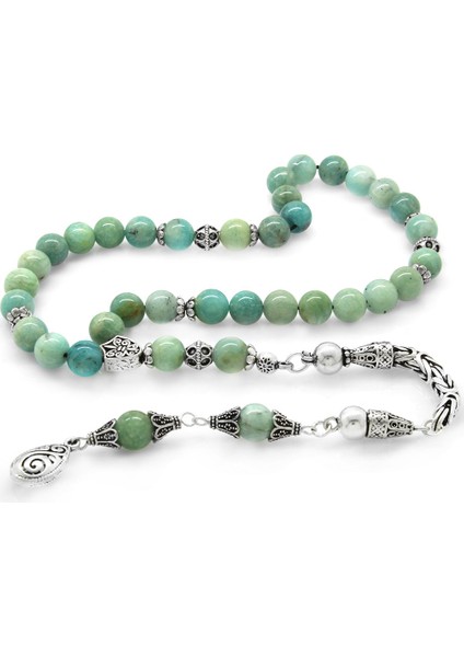 Koleksiyonluk 925 Ayar Gümüş Püsküllü Küre Kesim Amazonit Doğaltaş Tesbih