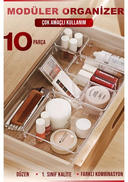 10'lu Çok Amaçlı Çekmece Içi Düzenleyici Set Şeffaf Organizer Makyaj Takı Organizeri