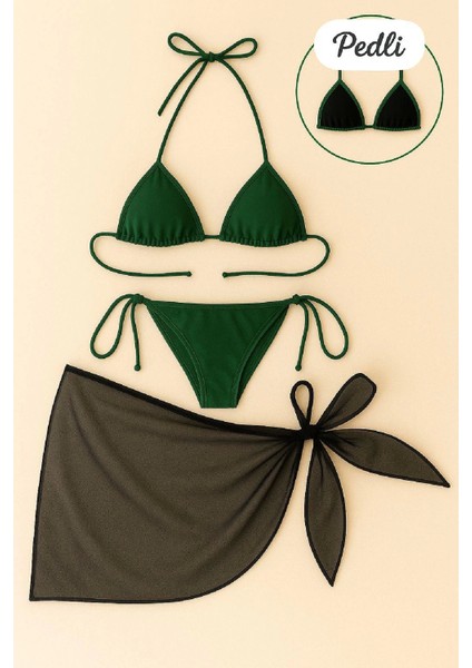 Kadın Yeşil Siyah Pareolu Yandan ve Boyundan Bağlamalı 3'lü Bikini Takımı