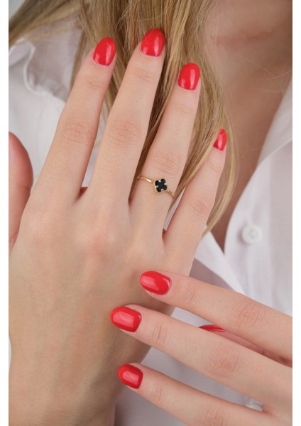 Güzide 14 Ayar Altın Siyah Yonca Yüzük