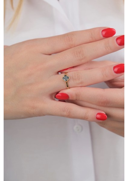 Güzide 14 Ayar Altın Siyah Yonca Yüzük modelleri