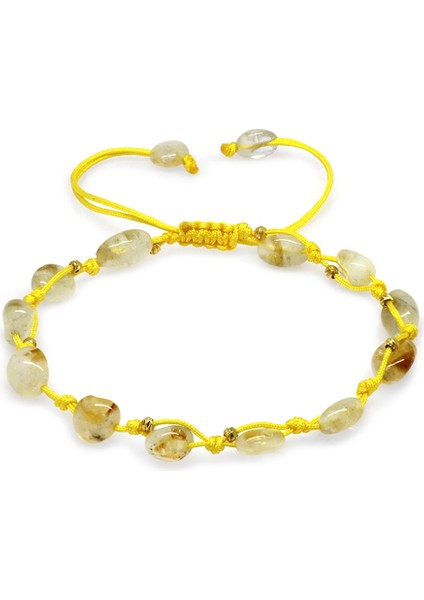 Makrome Örgülü Naturel Kesim Dorika Top Detaylı Sitrin Doğaltaş Kadın Bileklik