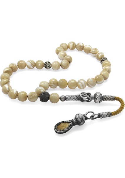 1000 Ayar Gümüş Kazaz Püsküllü Küre Kesim Sarı Sedef Doğaltaş Tesbih