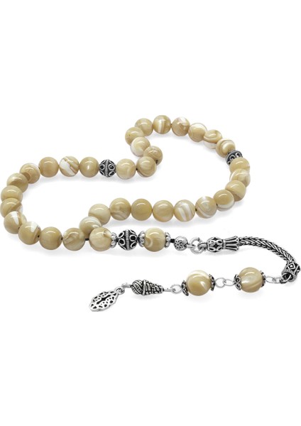 925 Ayar Gümüş Püsküllü Küre Kesim Sarı Sedef Doğaltaş Tesbih