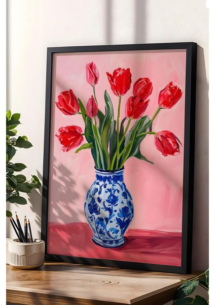 Mavi Vazoda Kırmızı Laleler Çerçeveli Tablo - Pop Art Poster Tablo