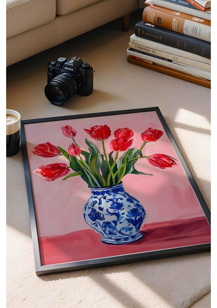 Mavi Vazoda Kırmızı Laleler Çerçeveli Tablo - Pop Art Poster Tablo fiyatları