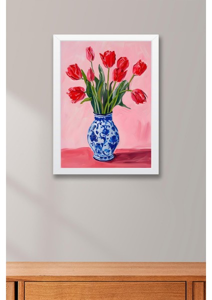 Mavi Vazoda Kırmızı Laleler Çerçeveli Tablo - Pop Art Poster Tablo fiyatları