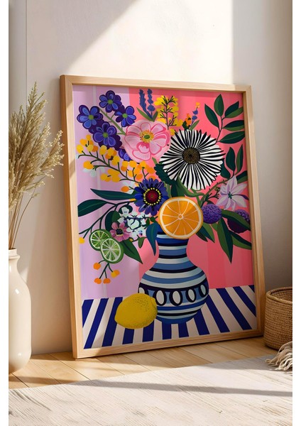 Meyve ve Çiçekli Vazo Çerçeveli Tablo - Pop Art Poster Tablo
