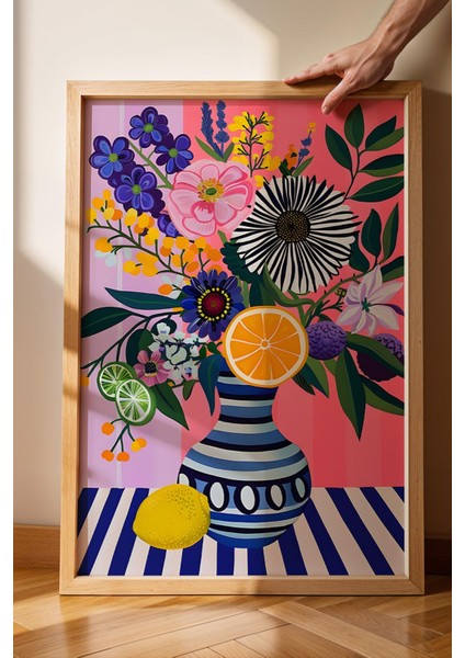 Meyve ve Çiçekli Vazo Çerçeveli Tablo - Pop Art Poster Tablo fiyatları