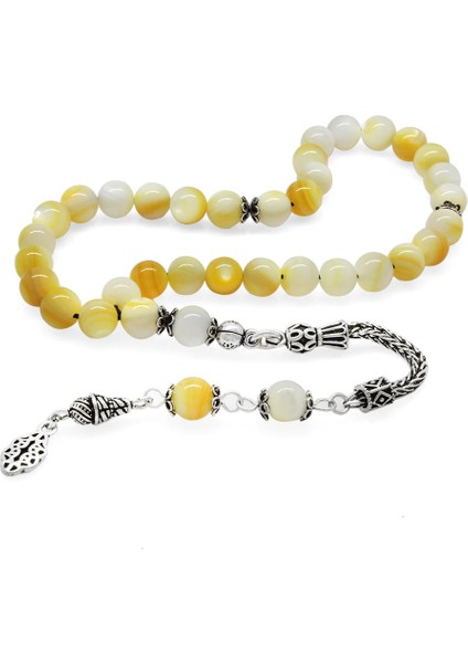 925 Ayar Gümüş Püsküllü Küre Kesim Sarı-Beyaz Sedef Doğaltaş Tesbih