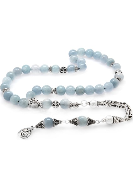 Koleksiyonluk 925 Ayar Gümüş Püsküllü Küre Kesim Aquamarin Doğaltaş Tesbih