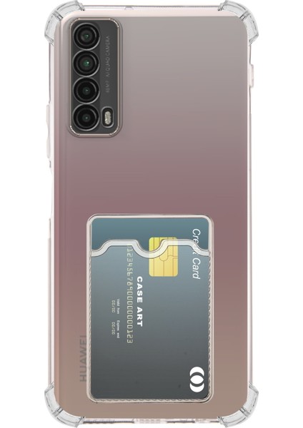 Huawei P Smart 2021 Kapak ile Uyumlu Kamera Korumalı Kartlıklı Darbe Emici Özellikli Şeffaf Silikon Kılıf