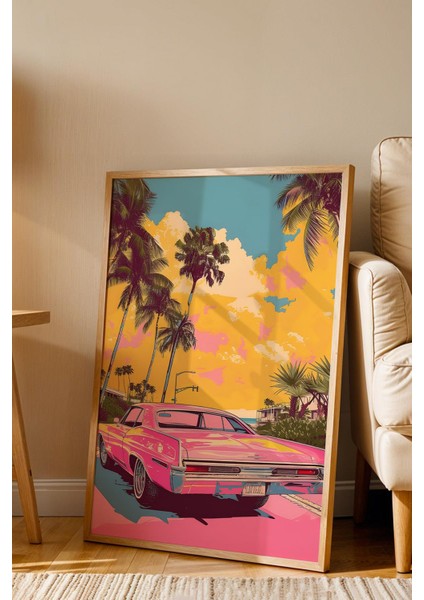 Miami Vice Tarzı Pembe Cadillac Araba Çerçeveli Tablo - Pop Art Poster Tablo