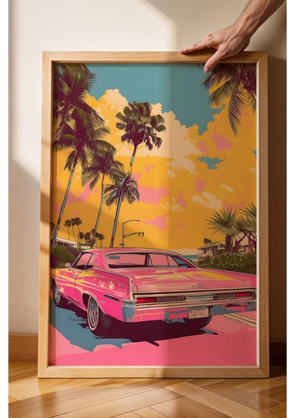 Miami Vice Tarzı Pembe Cadillac Araba Çerçeveli Tablo - Pop Art Poster Tablo fiyatları