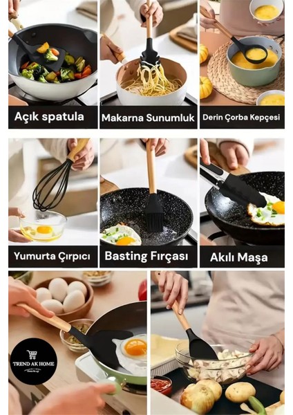 Bambu Saplı 12 Parça Silikon Mutfak Takımı: Kepçe, Kevgir, Kaşık, Fırça, Çırpıcı, Spatula, Maşa ve Servis Araçları ile Pratik ve Şık Mutfak Seti modelleri