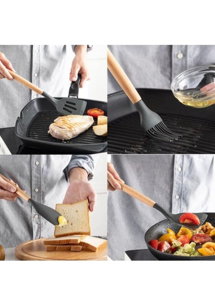 Bambu Saplı 12 Parça Silikon Mutfak Takımı: Kepçe, Kevgir, Kaşık, Fırça, Çırpıcı, Spatula, Maşa ve Servis Araçları ile Pratik ve Şık Mutfak Seti fırsatları