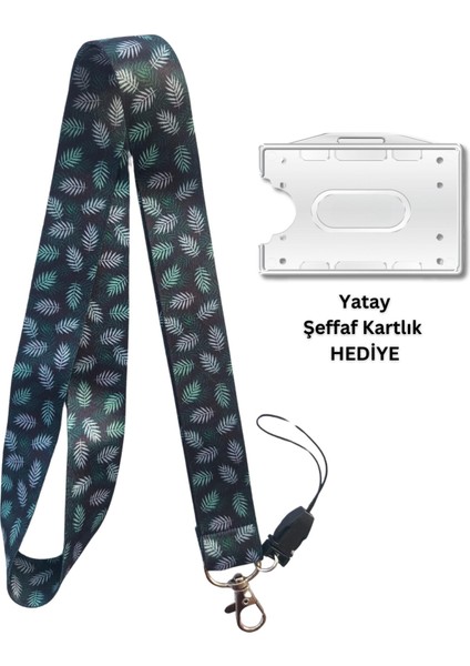 Lacivert Zemin Yeşil Yapraklar Kart Askısı Yaka Kartı Boyun Askı Ipi Telefon Askısı Yatay Dikey Kart Koruyucu