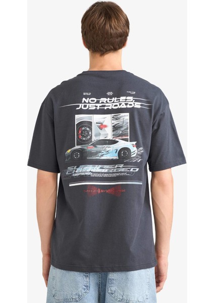 Boxy Fit Bisiklet Yaka Sırt Baskılı Kısa Kollu Tişört G0011AX25HS