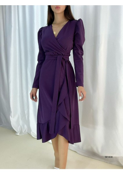 Krep Kumaş Midi Boy Kuşaklı Uzunkol Elbise fırsatları