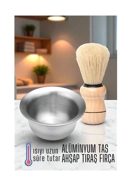 Alüminyum Tıraş Tası Ahşap Tıraş Fırçası Seti -